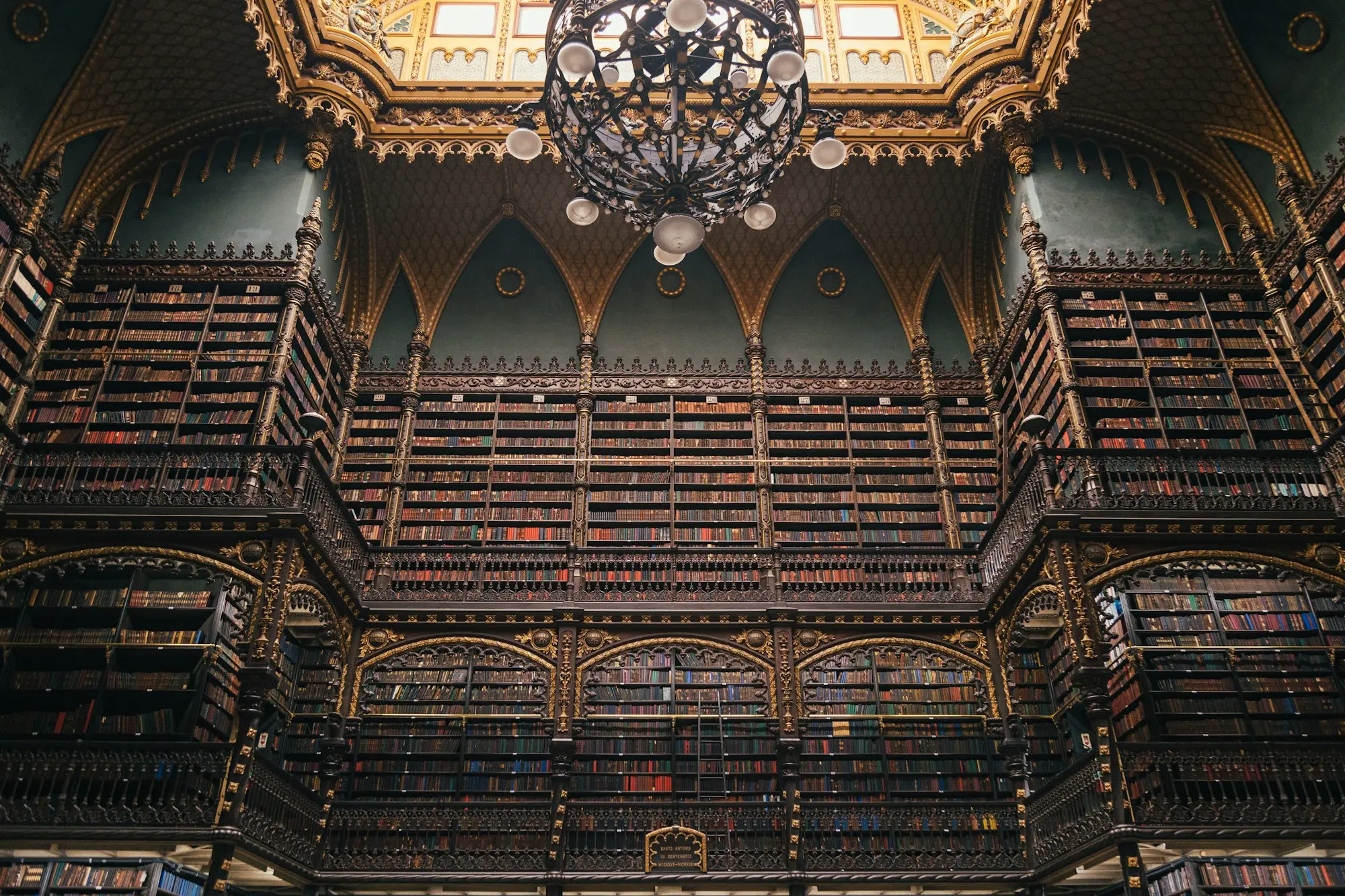 Grande salle de lecture ornée, boiseries et lustre